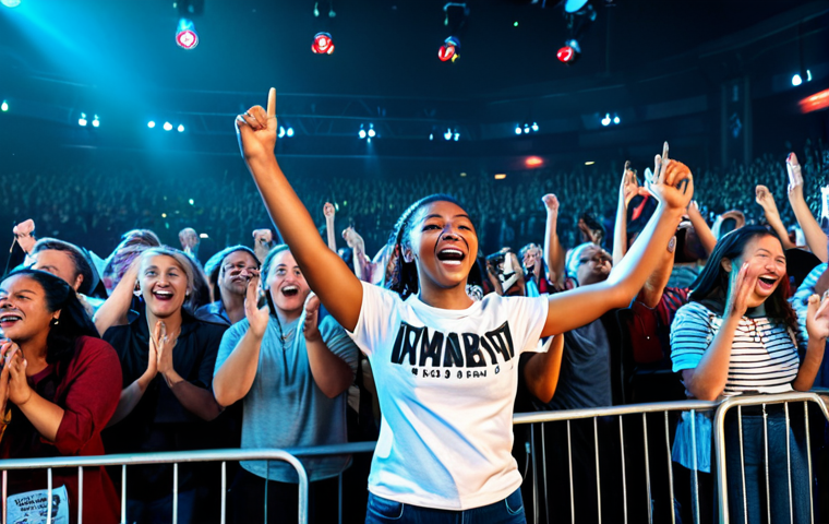 **

A diverse group of enthusiastic fans gathered at a concert venue, fully clothed and wearing appropriate attire. Some are holding up signs of support, while others are cheering and clapping. The background shows a glimpse of the stage with vibrant lighting. The scene captures the excitement and energy of a live performance. safe for work, family-friendly, professional composition, perfect anatomy, natural proportions.

**