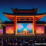 공연기획사 해외 진출 전략 - A vibrant, detailed scene of a multicultural live music festival stage in an Asian city, showcasing ...