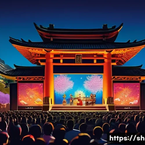 공연기획사 해외 진출 전략 - A vibrant, detailed scene of a multicultural live music festival stage in an Asian city, showcasing ...