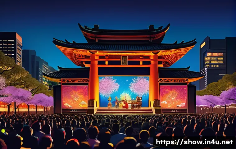 공연기획사 해외 진출 전략 - A vibrant, detailed scene of a multicultural live music festival stage in an Asian city, showcasing ...