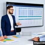 공연기획사 연봉 협상 팁 - A professional event planner in a modern office setting, confidently presenting detailed KPI charts ...