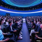 공연기획사의 최신 트렌드 분석 - A futuristic concert hall redesigned for immersive audience experience, featuring a circular stage i...