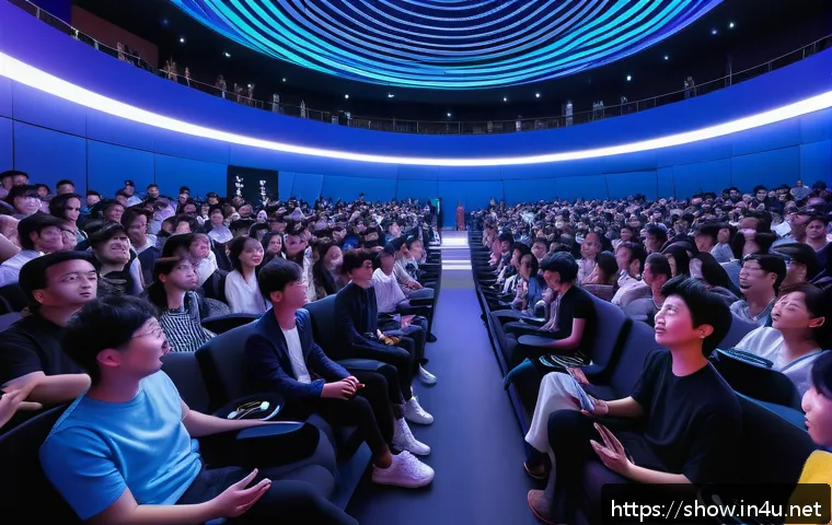 공연기획사의 최신 트렌드 분석 - A futuristic concert hall redesigned for immersive audience experience, featuring a circular stage i...