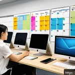 공연기획사에서 배우는 시간 관리법 - A busy event planner&rsquo;s workspace with multiple digital devices displaying calendars, to-do lists, an...