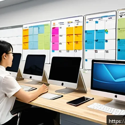 공연기획사에서 배우는 시간 관리법 - A busy event planner&rsquo;s workspace with multiple digital devices displaying calendars, to-do lists, an...