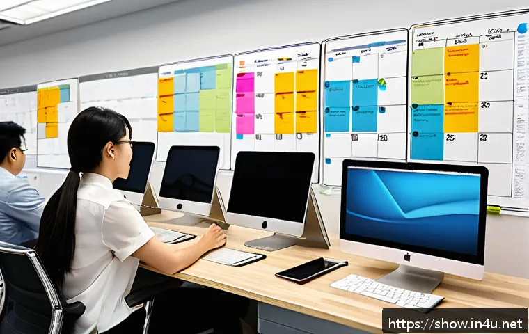 공연기획사에서 배우는 시간 관리법 - A busy event planner’s workspace with multiple digital devices displaying calendars, to-do lists, an...
